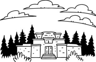 Ancient Temple in Forest Illustration with Cloudy Sky for Art Projects and Design vector