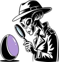 Alien Detective Inspecting Mysterious Object with Magnifying Glass Art vector