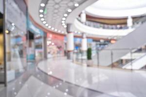 Modern shopping mall interior with blurred storefronts and elegant architecture. photo