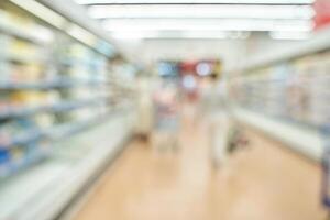 Blurry view of supermarket aisle with shoppers and products under bright lighting. photo