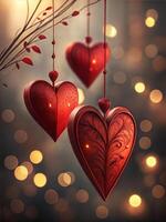 Two red hearts hanging from a branch with a bokeh effect photo