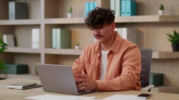 Caucasian man problem stress in office sad upset guy male businessman business employer manager disappointed crying anxious crisis fail laptop work online study trouble computer email error rejection video