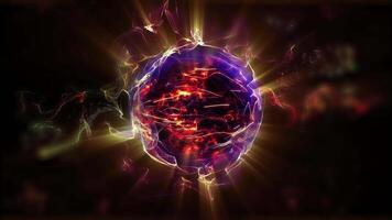 A violet virtual sphere, permeated with threads of energy, emits light, creating a unique atmosphere of space. video