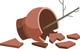 Broken Clay Flower Pot with Fallen Branch Illustration for Gardening Concepts vector
