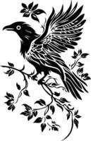 Intricate Black Raven Silhouette on Branch with Leaves Illustration vector