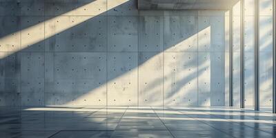 Empty modern interior with polished concrete walls and floors, illuminated by natural sunlight casting geometric shadows through large floor-to-ceiling windows photo