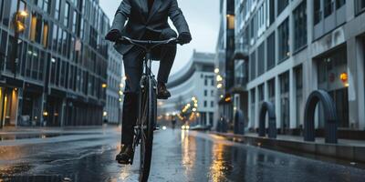 Man cycling through a wet city street during twilight, dressed in a suit, with modern architecture and glowing lights, symbolizing sustainable urban commuting and professional lifestyle photo
