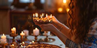 A woman holding a decorative candle holder with lit candles, symbolizing spirituality and Rosh Hashanah traditions, surrounded by a warm and serene atmosphere photo