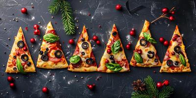 Christmas-themed pizza slices arranged as festive trees, topped with olives, pepperoni, cheese, and basil, decorated with holiday ornaments and pine branches photo
