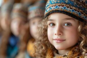 Close-up of a smiling child with curly hair wearing a colorful embroidered hat, with other children blurred in the background, creating a warm and cheerful atmosphere photo