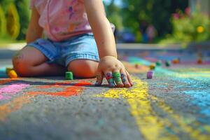 A child playing with colorful chalk on the pavement, with painted hands and vibrant designs, capturing creativity and outdoor fun on a sunny day photo