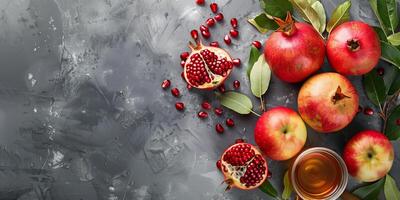 Apples, pomegranates, and honey on a gray background, top view, for Rosh Hashanah celebration, copy space photo