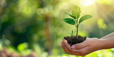 Hands holding a small plant with soil, symbolizing growth and sustainability, against a blurred green background and sunlight photo