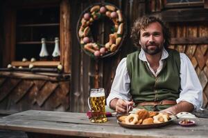 Man in traditional Bavarian attire enjoying beer and pretzels at an outdoor wooden table in a rustic setting photo