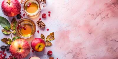 Apples and honey on a pink background, top view, for Rosh Hashanah celebration, copy space photo