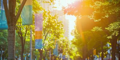 Sunlit urban street with vibrant green trees, colorful banners, and warm golden light creating a serene and cheerful atmosphere in the city photo