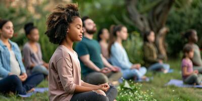 A group of people of various nationalities practicing yoga in a park, promoting diversity, mindfulness, and well-being in a natural setting photo