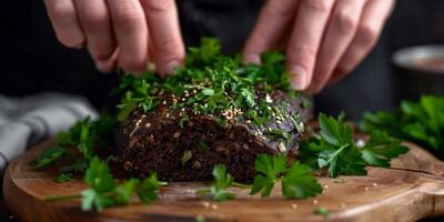 Hands garnishing a loaf of dark wholegrain bread with fresh parsley and seeds on a wooden board, emphasizing a rustic and organic food preparation photo