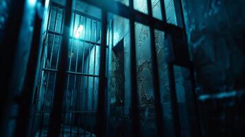 Prison cell with dim blue lighting photo