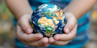 Child's hands holding a small globe, symbolizing care, responsibility, and hope for the planet and future generations photo