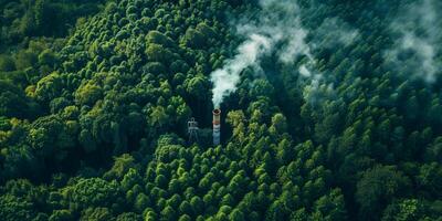 Aerial view of a dense forest with a chimney emitting smoke, highlighting environmental impact photo