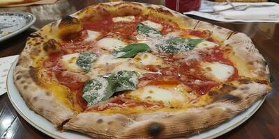 Traditional margherita pizza with a wood-fired crust, topped with fresh mozzarella, tomato sauce, basil, and parmesan cheese, served on a ceramic plate photo