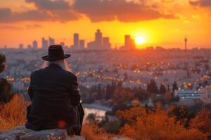 A man in a black hat and coat sits on a rock overlooking a cityscape at sunset, surrounded by warm orange light and vibrant autumn foliage photo