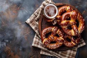 Delicious pretzels with coarse salt served with a mug of beer on a wooden plate and plaid napkin photo