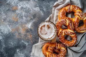 Golden pretzels sprinkled with coarse salt served with a frothy glass of beer on a textured gray background photo