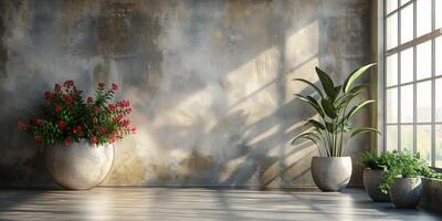 Bright room with large textured walls, sunlight streaming through tall windows onto elegant potted plants, including blooming red flowers and lush greenery photo