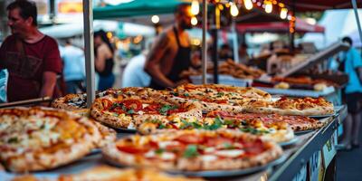 Assorted wood-fired pizzas on display at an outdoor food market, with vibrant toppings and a lively atmosphere in the background photo