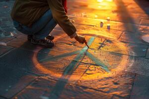 Person crouching and drawing a peace symbol with chalk on the ground in warm sunset light photo