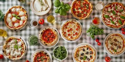 A vibrant selection of pizzas with diverse toppings on a checkered tablecloth, surrounded by fresh herbs, tomatoes, and beverages for a delightful Italian feast photo