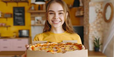 Smiling girl holding a pizza indoors, representing home food delivery photo