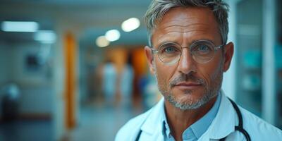 Male doctor wearing glasses and a lab coat with a stethoscope, standing in a hospital hallway with a blurred background photo
