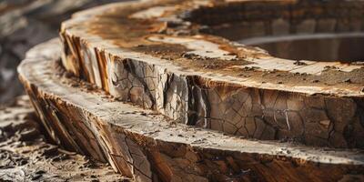 Close-up of a petrified wood cross-section showcasing intricate textures, rich earth tones, and natural patterns, highlighting the beauty of fossilized wood and geological processes photo