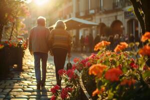 Elderly couple walking through a city illuminated by the sunset photo