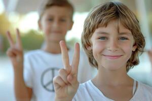 Smiling children making peace signs while wearing white t-shirts, symbolizing friendship, harmony, and positivity in a bright and cheerful environment photo