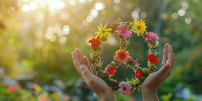 Hands holding a colorful floral peace symbol against a glowing, sunny garden backdrop photo