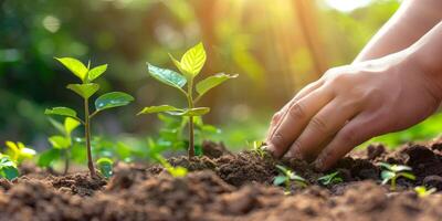 A close-up of hands planting small green seedlings into fertile soil under warm sunlight, symbolizing growth, sustainability, and nurturing nature photo