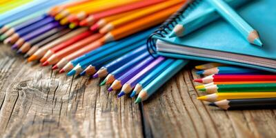Colorful pencils arranged on a wooden surface with a notebook and a turquoise pencil, symbolizing creativity, art, and school preparation photo