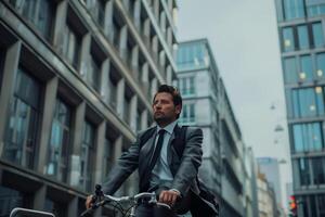 Businessman in a gray suit cycling through a modern city, showcasing sustainable urban commuting, with a focused expression and a backdrop of contemporary office buildings photo