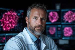 Portrait of a scientist looking directly at the camera in a lab setting photo