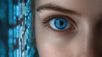 Close up of a womans eye reflecting digital code photo