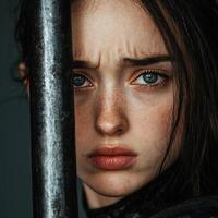 Close up portrait of a young woman with freckles and blue eyes, looking directly at the camera with a serious expression photo
