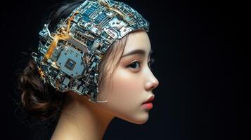 Woman with futuristic circuit board headpiece photo