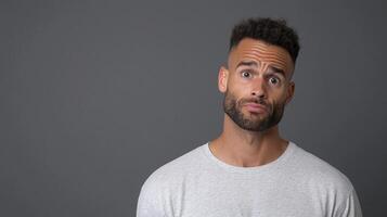 Confused man looking at camera with questioning expression photo