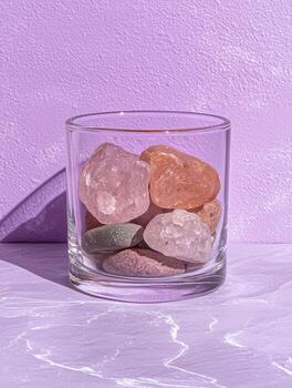 rosado y Rosa cuarzo cristales en un vaso en púrpura antecedentes foto