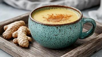 Golden turmeric milk latte in a rustic mug photo