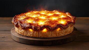 A delicious looking pie with a golden brown crust and a star shaped design on top, glowing with an otherworldly light photo